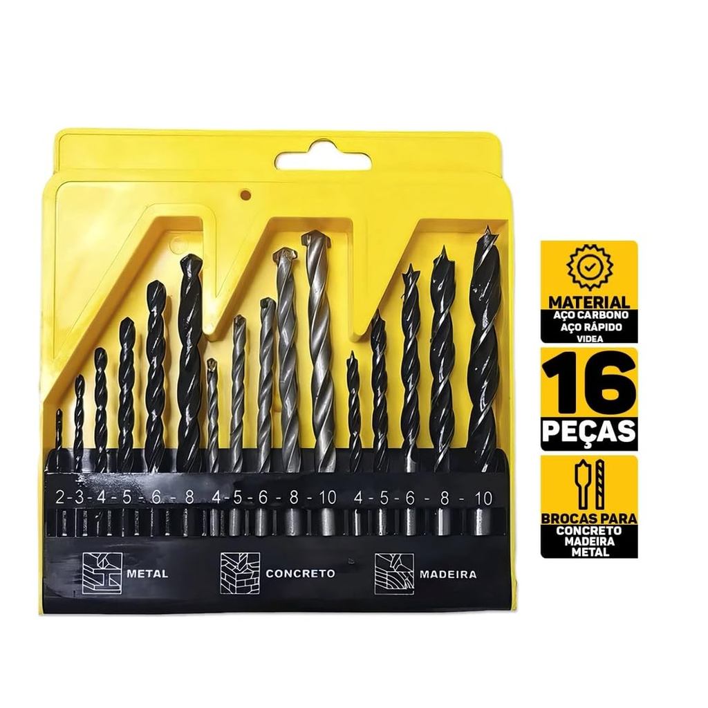 Jogo De Brocas Kit 16 Peças Com Estojo Madeira Ferro Concreto Metal Vidro Aço Para Furadeira e Parafusadeira