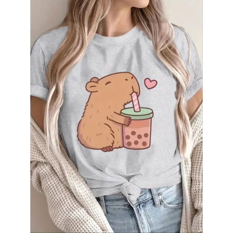 Camiseta Feminina Camisa Casual 100% Algodão Capivara T-Shirt Estilosa e Confortável