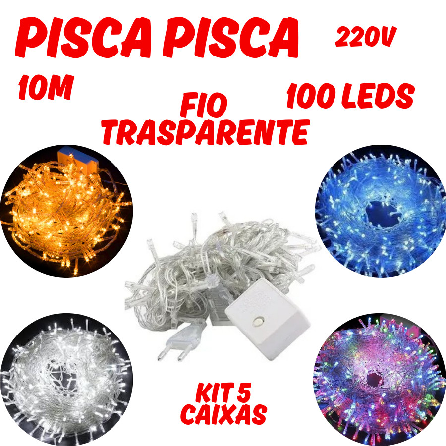 Kit 5 Caixas Luz Decorativa Natalina 100 Leds 10M 220V Pisca Pisca 8 Funções Transparente