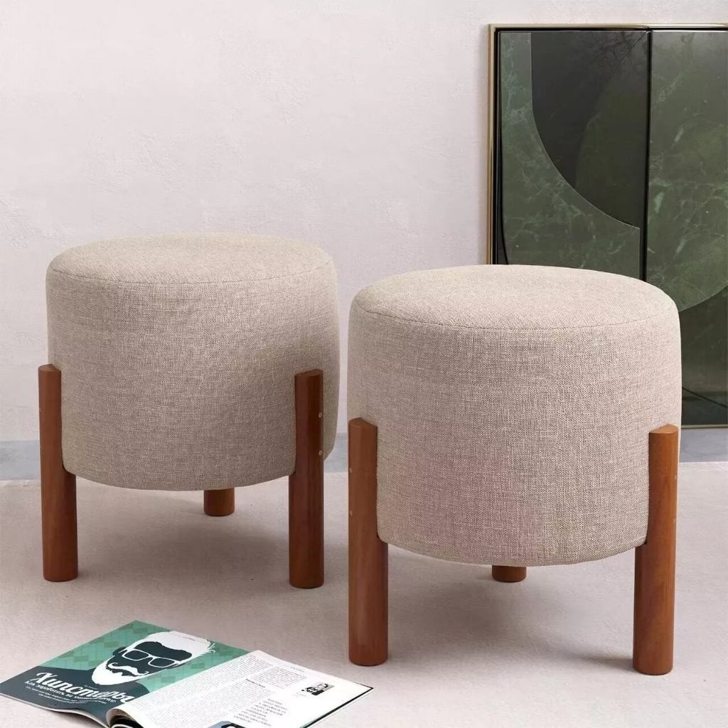 Kit 2 Puff Sala Banquinho Banqueta Linho Luxo Pés Madeira Maciça em Oferta na Shopee