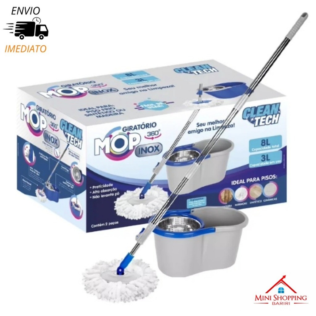 Mop Giratório 8L Clean Tech Centrífuga Inox Balde Espremedor Profissional Limpeza 360°