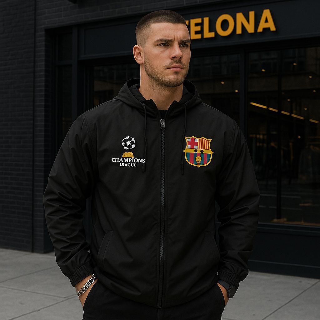 BLUSA DE FRIO MASCULINA CORTA VENTO ZIPER ESPORTIVA AGASALHO BARCELONA ESTILOSO 100% POLIÉSTER CAPUZ BOLSOS IMPERMEÁVEL