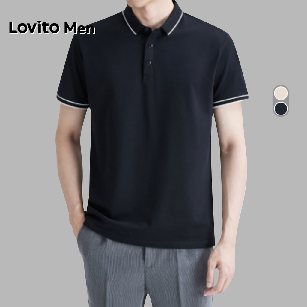 Lovito Men Camisa Polo Casual com Acabamento Contrastante Primavera/verão Polo Preta para Homens LNE127004 em Oferta na Shopee