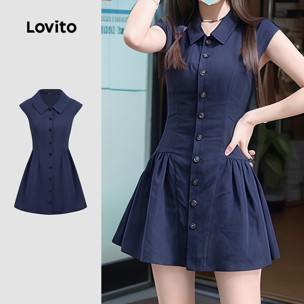 Lovito Vestido Casual com Botões Estrutura Linha Primavera/verão Azul Marinho para Mulheres L166AD130 em Oferta na Shopee