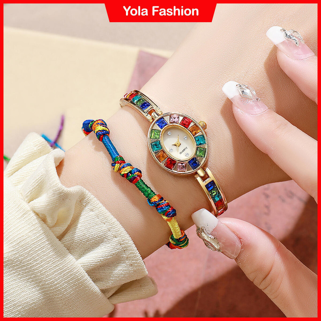 2 Pçs Mais Novo Luz Luxo Design Colorido Diamante Delicado Relógio Elíptico Dial Feminino Pulseira De Quartzo Com Corda