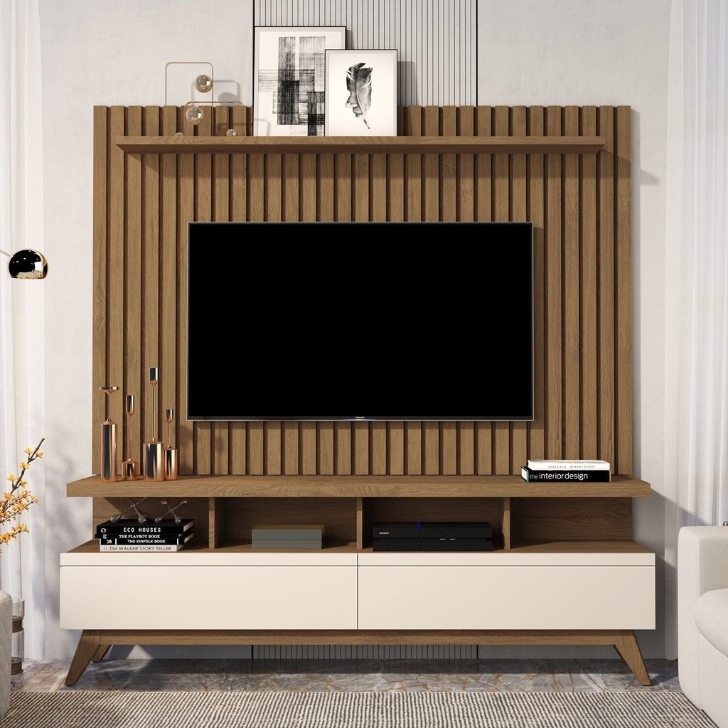 Rack com Painel Ripado para TV até 60 Polegadas MDF 166cmx135cm Pés em Madeira Maciça Real Vivare Wood 1.6 Marrom Off