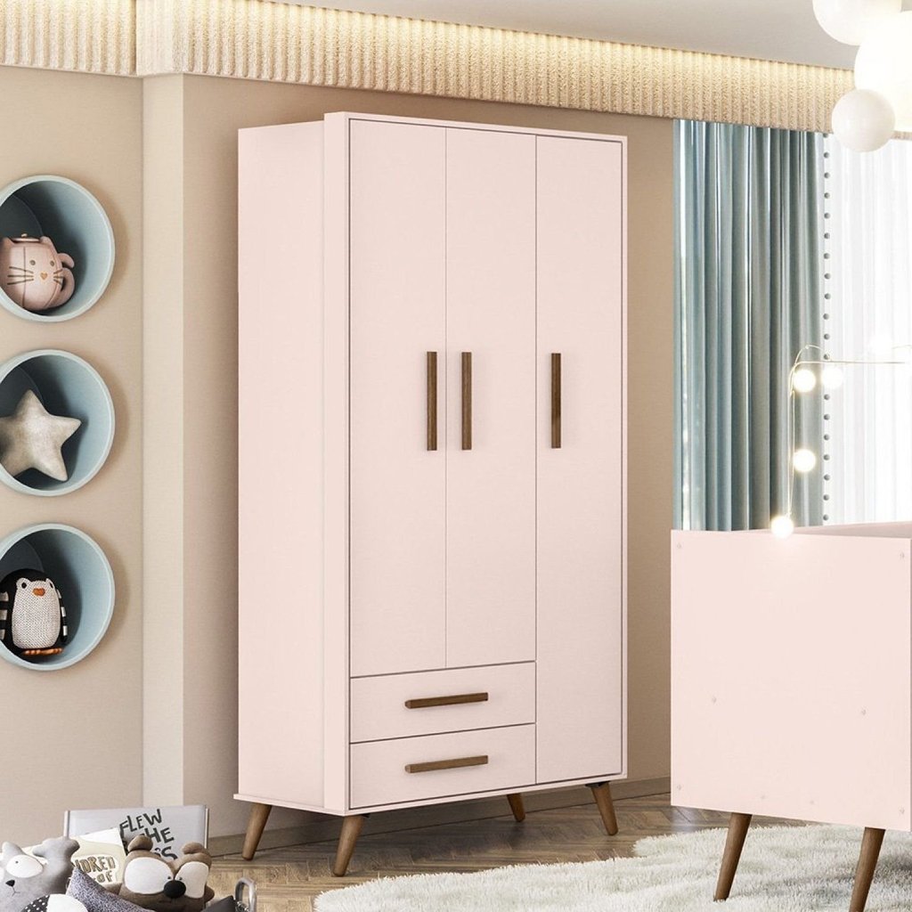 Guarda-roupa 3 Portas com 2 Gavetas Q Encanto Retrô Rosa