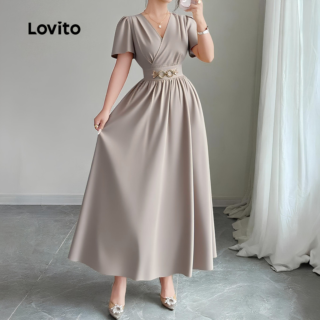 Lovito Elegante Vestido Clássico E Versátil Com Zíper Na Cor Cáqui Para Mulheres