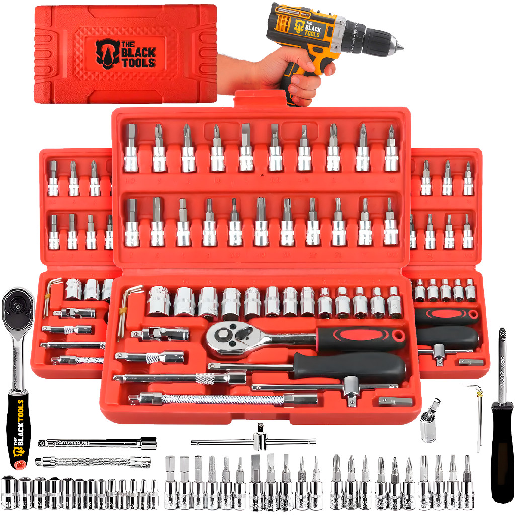 Jogo De Soquete Aço Crv 1/4 Catraca Chave Allen Kit Ferramentas C/ Maleta 46 Peças The Black Tools
