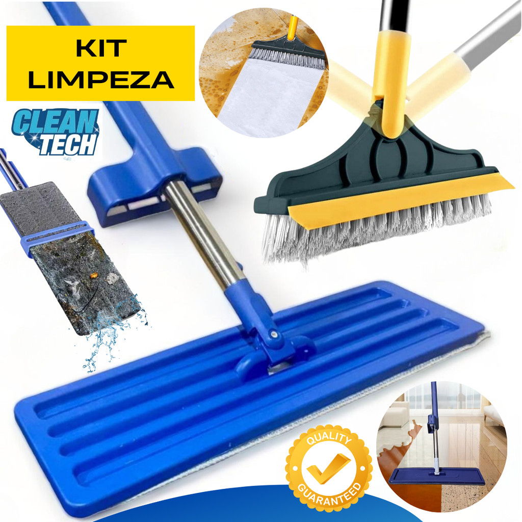Mop Giratório Flat Limpeza + Escova Rodo Multiuso Limpeza Completa Box Cantos e Piso FAXINA COMPLETA