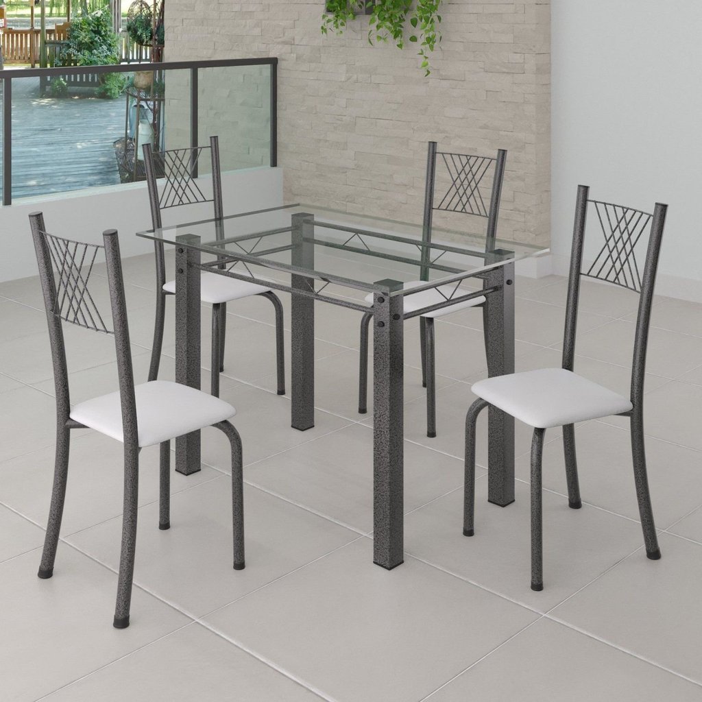 Conjunto de Jantar Mesa 100x60cm Tampo de Vidro Incolor com 4 Cadeiras Sara Yescasa Prata/Branco Liso/Mart Branco/Prata