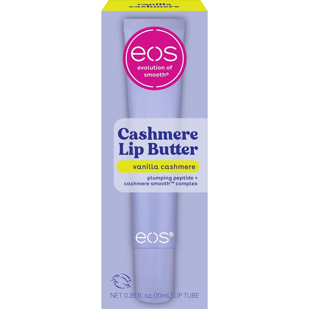 eos Cashmere Lip Butter – Vanilla Cashmere, Máscara Labial Suavizante e Hidratante com Peptídeos Volumizadores e Manteig