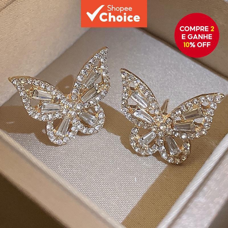 Conjunto De 2 Peças De Agulha De Prata Com Brincos De Borboleta De Diamante , Elegantes E Sofisticados , Leves , Luxuoso em Oferta na Shopee