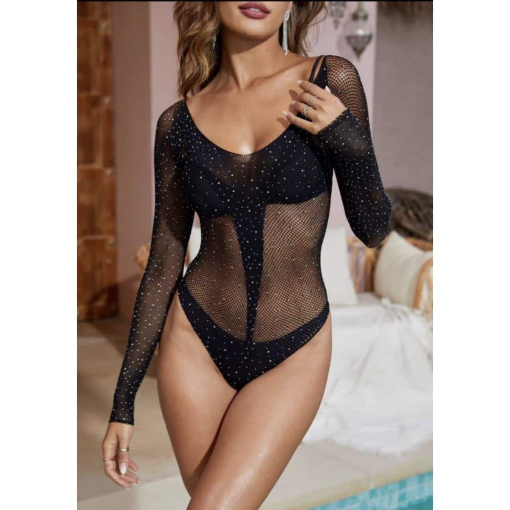 Body Arrastão Preto com Strass – Manga Longa, Transparente, Fashion, Ideal para Balada, Shows Festas