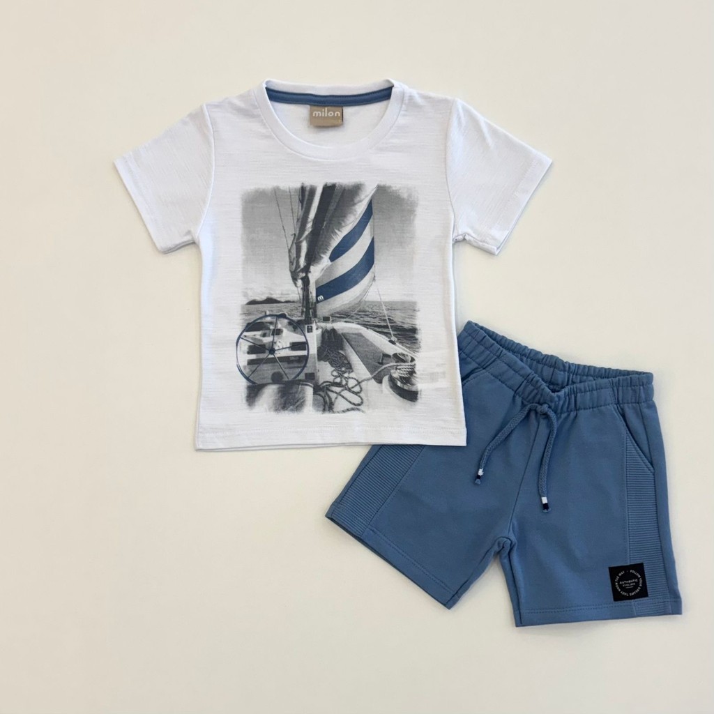 Conjunto Milon Infantil Menino Camiseta Branca Navio e Bermuda Azul Verão Moda Kids