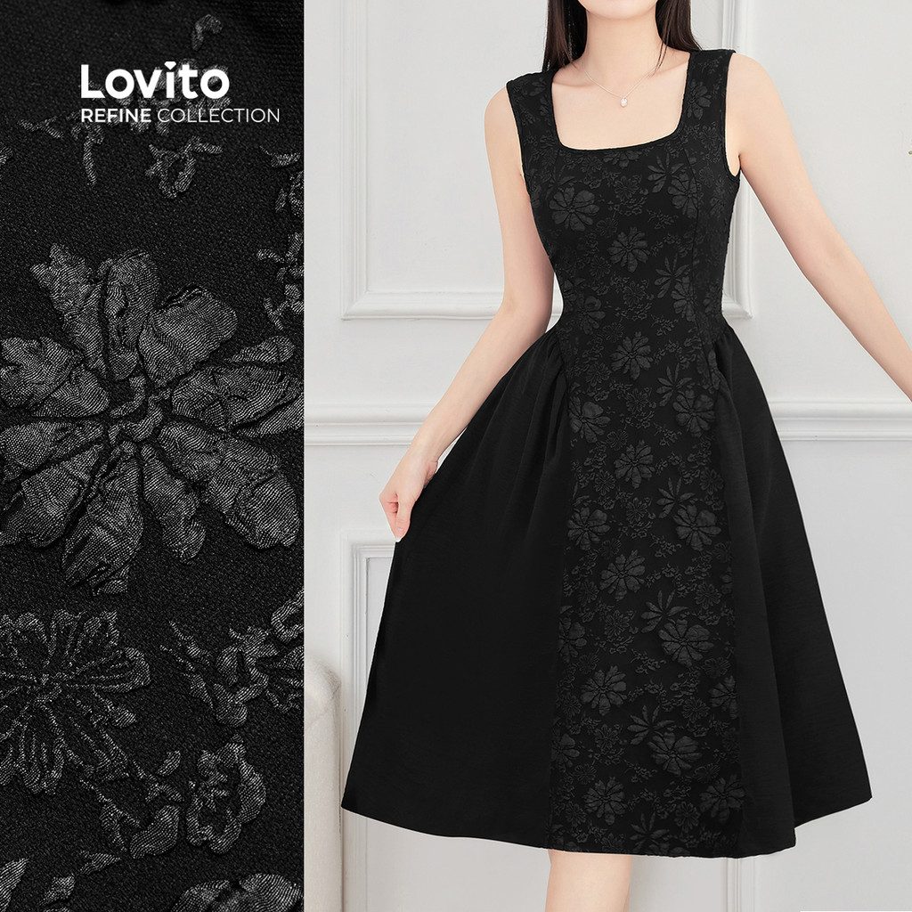 (Lovito Refine) Vestido Elegante de Tecido com Costura Vestido Drapeado para Primavera/verão feminino LR18E111 em Oferta na Shopee