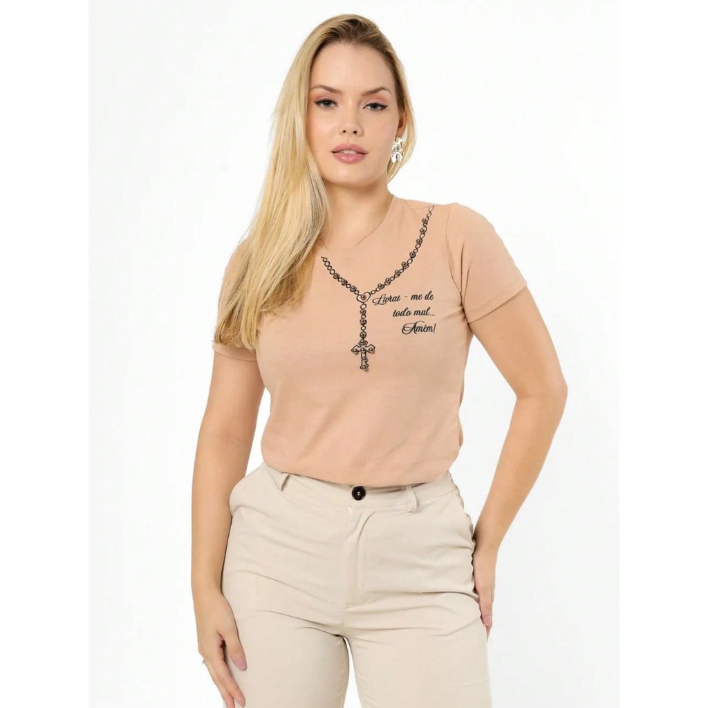 Blusas Femininas de Algodão Rosário Livrai-me do Mal com  Estampa c Perolas em DTF Moda Cristã