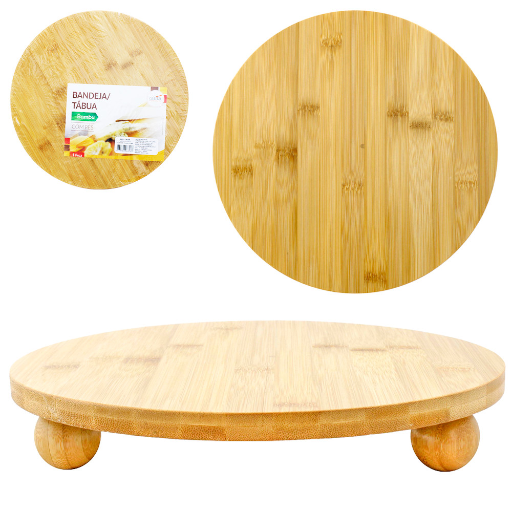 Bandeja Tábua De Corte De Madeira / Bambu Com Pé Multiuso Redonda 1,5x25cm