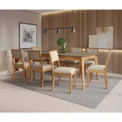 Conjunto Sala de Jantar Petra Kappesberg em Madeira Maciça com 8 Cadeiras Linho Areia