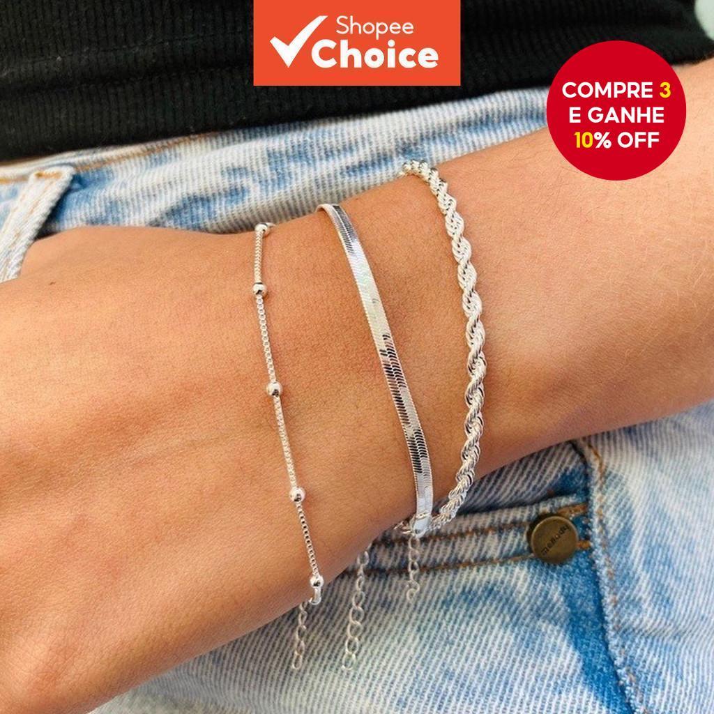 Conjunto De Pulseira Baiano Banhada A Prata 3 Peças Com Padrão De Pontos E Corrente De Cob...