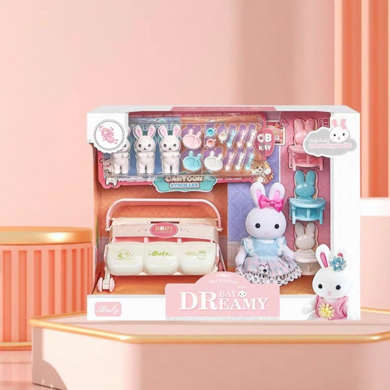 Móveis Para Casa De Bonecas Carrinho De Bebê Fingir Brincar Brinquedo Mini Boneca Conjunto De Acessórios Coelho Em Minia