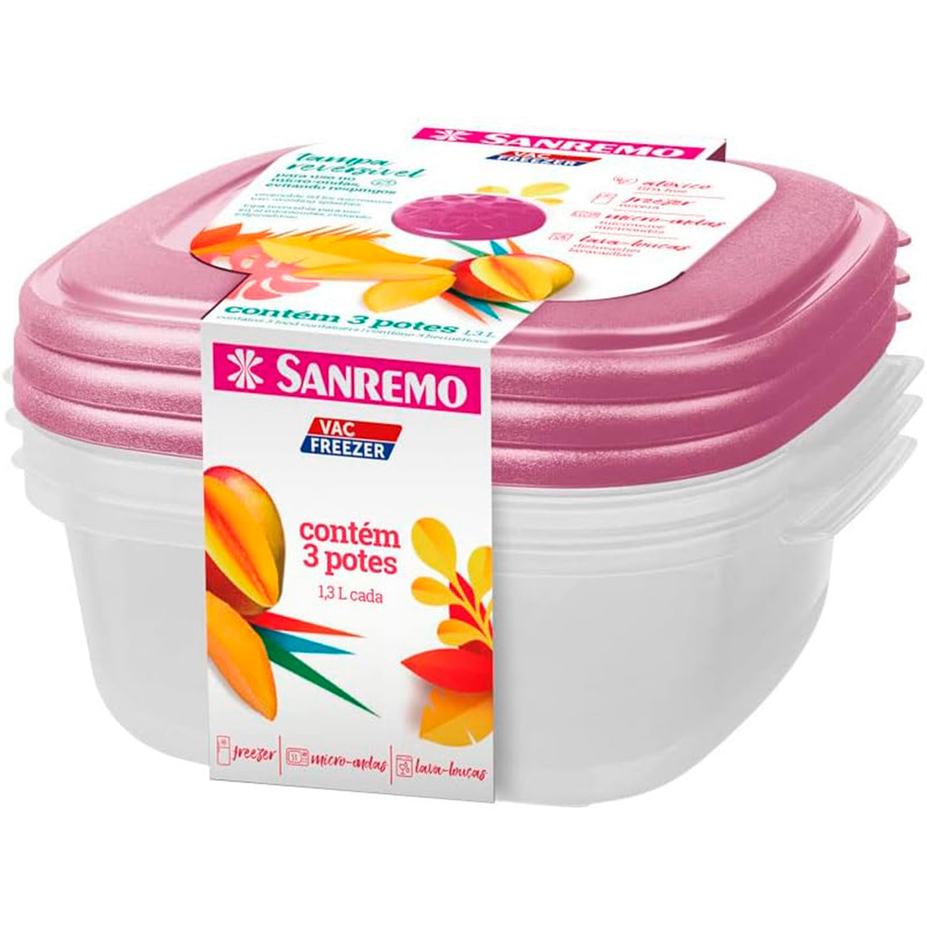 Conjunto 3 potes plásitco 1,3l hermétrico Sanremo com alça para manuseio