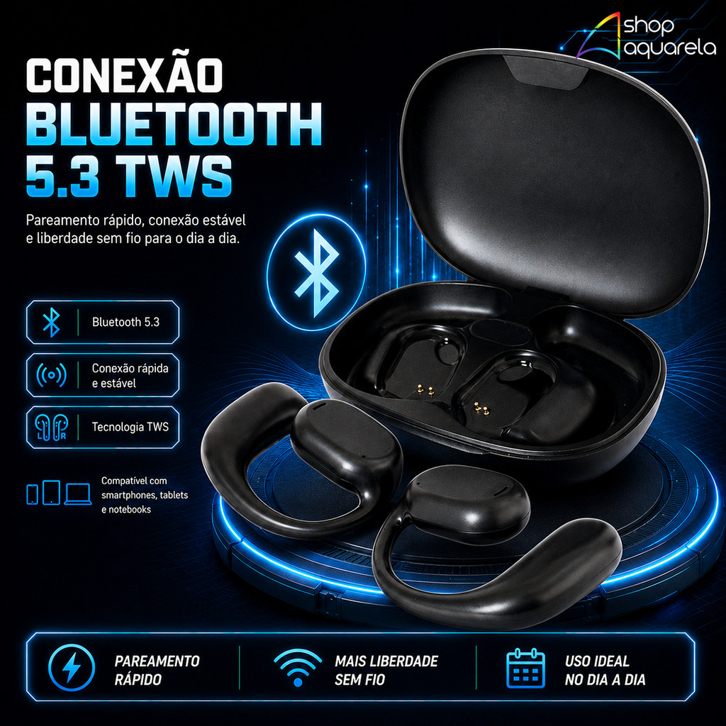 Fone Bluetooth Esportivo TWS Com Gancho Microfone Case Tipo C Sem Fio