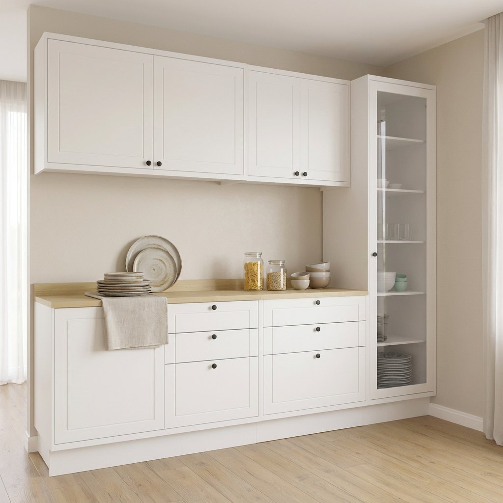 Cozinha Compacta Modulada 5 Peças 2 Balcões com Tampo 2 Armários Aéreos e Cristaleira em MDF Sevilha Branco/Carvalho