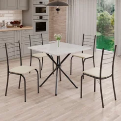 Conjunto Sala de Jantar Mesa Quadrada 70x70cm Tampo Madeira MDP 4 Cadeiras Rio Prata/Creme/Mart Creme/Mart Prata