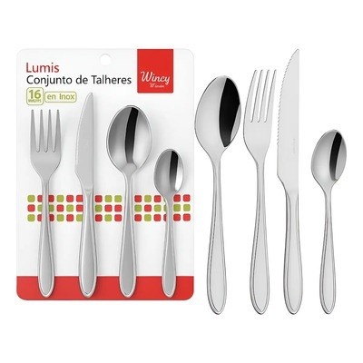 CONJUNTO DE TALHERES INOX 16 PEÇAS WINCY KIT DE TALHER LUMIS FAQUEIRO MESA POSTA
