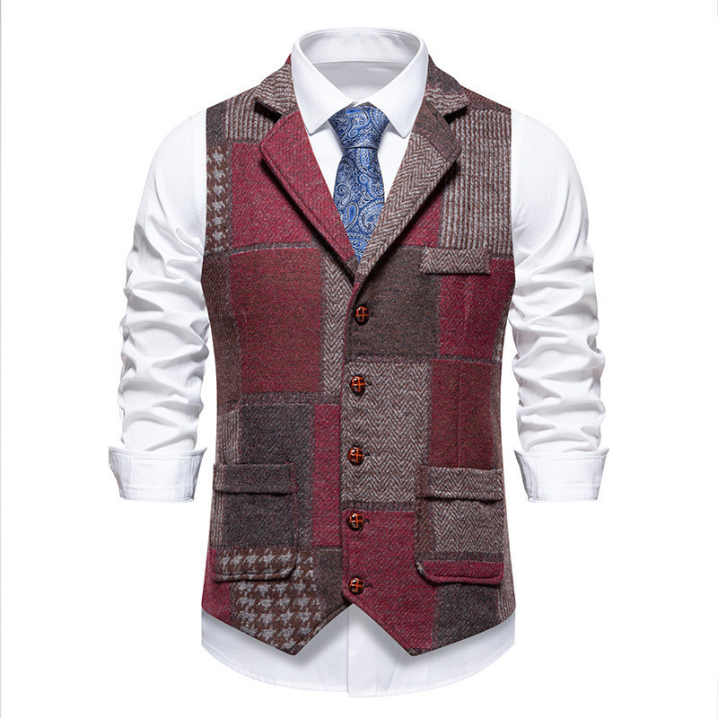 Colete Masculino Verde Tweed Xadrez Fino Ajuste Lapela Terno Espinha De Peixe Vintage Para Padrinhos De Casamento