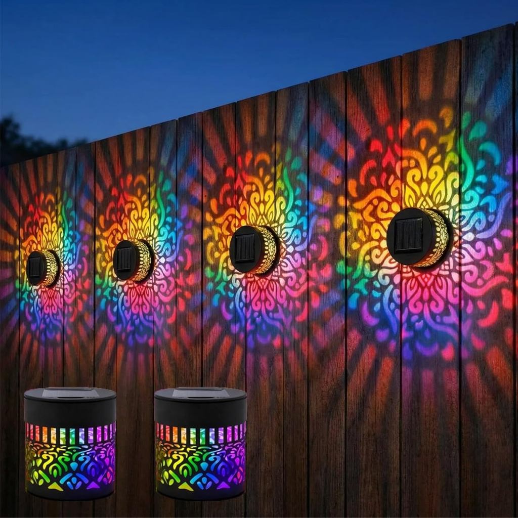Lâmpada de projeção de mandala solar com sete cores mutáveis, luz decorativa de mandala solar, luz de cerca metálica à p