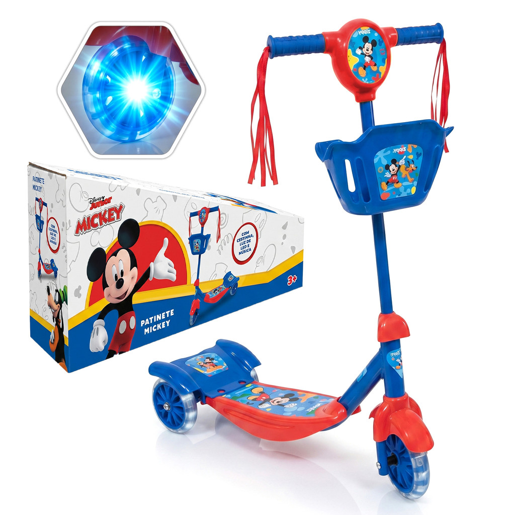 Patinete Mickey Mouse Disney 3 Rodas Infantil Com Cesta Luzes E Sons Scooter Azul - Zippy Toys