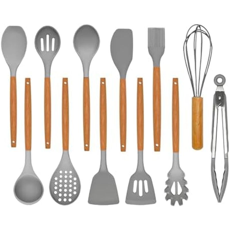 Conjunto De Utensílios De Cozinha-De Silicone De 12 Peças Com Cabo De Madeira Espátula Antiaderente Resistente Ao Calor 