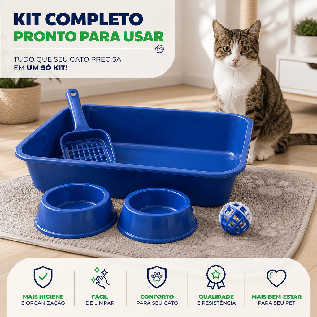 Kit caixa de de areia para gatos higiênico com pá comedouro bebedouro banheira sanitário e brinquedo