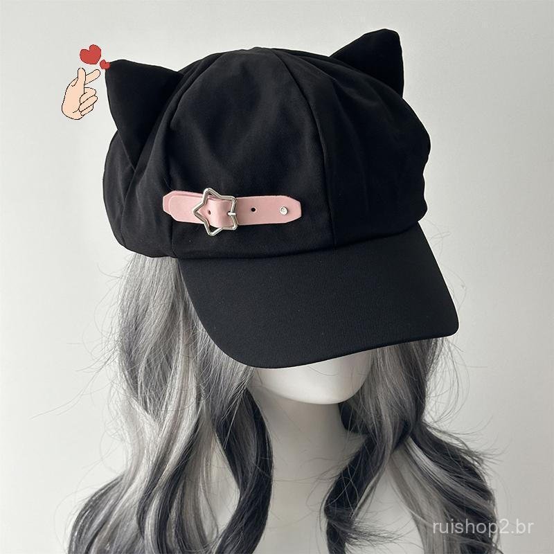 Boina Feminina Com Orelhas De Gato Harajuku Gótica Lolita Y2K Para Meninas Steampunk Punk Zíper Feito À Mão Boné