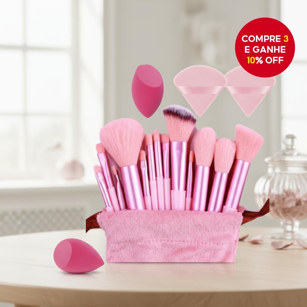 Kit de 13 Pincéis Rosa com 2 Esponjas Triangulares Rosa e 1 Misturador Angular Rosa Vermelha para Meninas, Conjunto