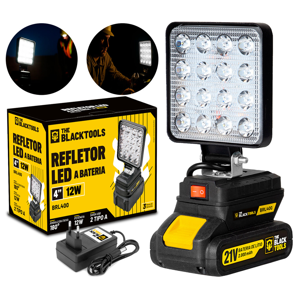 Lanterna Refletor Lampada Luz Led 12w Com Bateria 21v Portátil Recarregável Bivolt The Black Tools em Oferta na Shopee