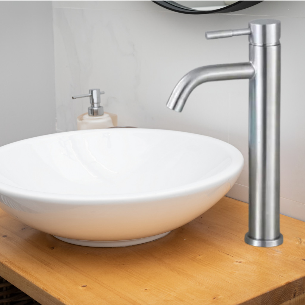 Torneira Banheiro Luxo Inox Bica Alta Mesa Acabamento Escovado Cuba em Oferta na Shopee