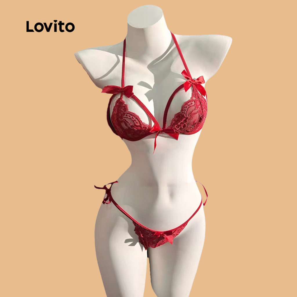 Lovito Conjunto De Lingerie Sexy De Renda Com Laço Duas Peças Camisola De Festa Para Mulheres LNE126097 em Oferta na Shopee