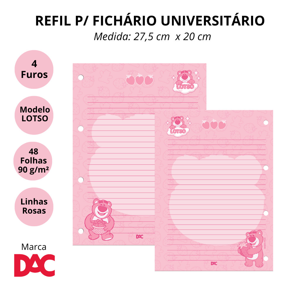 Refil de Folhas para Fichário Universitário Ursinho Lotso - DAC em Oferta na Shopee