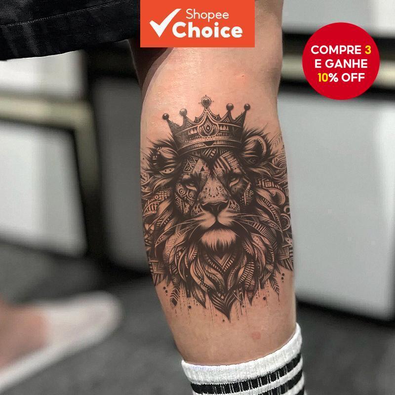 Tatuagem Temporária Do Rei Leão-Design De Coroado À Prova D'água , Arte Corporal De Braço E Pescoço De Longa Duração