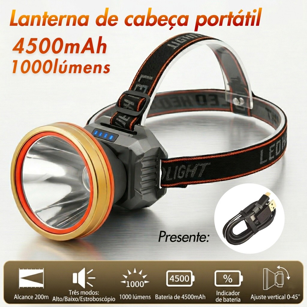 Lanterna LED Profissional Prova D'água Farol Potente Recarregável Ideal para Camping e Exterior