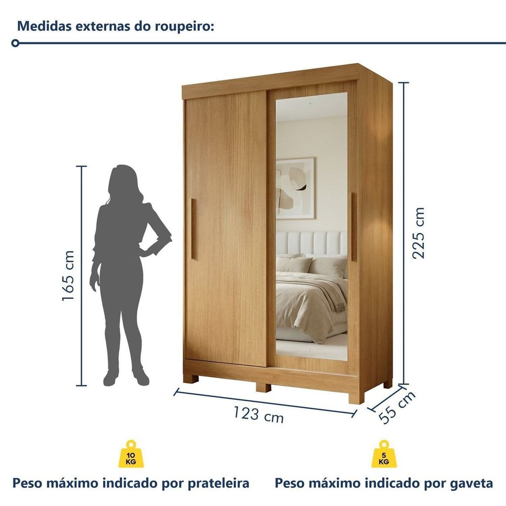 Guarda Roupa Solteiro 2 Portas de Correr 2 Gavetas Flex com Pés e Espelho 100% MDF Amanda Marrom/Cinamomo Sim — imagem 2 de 2