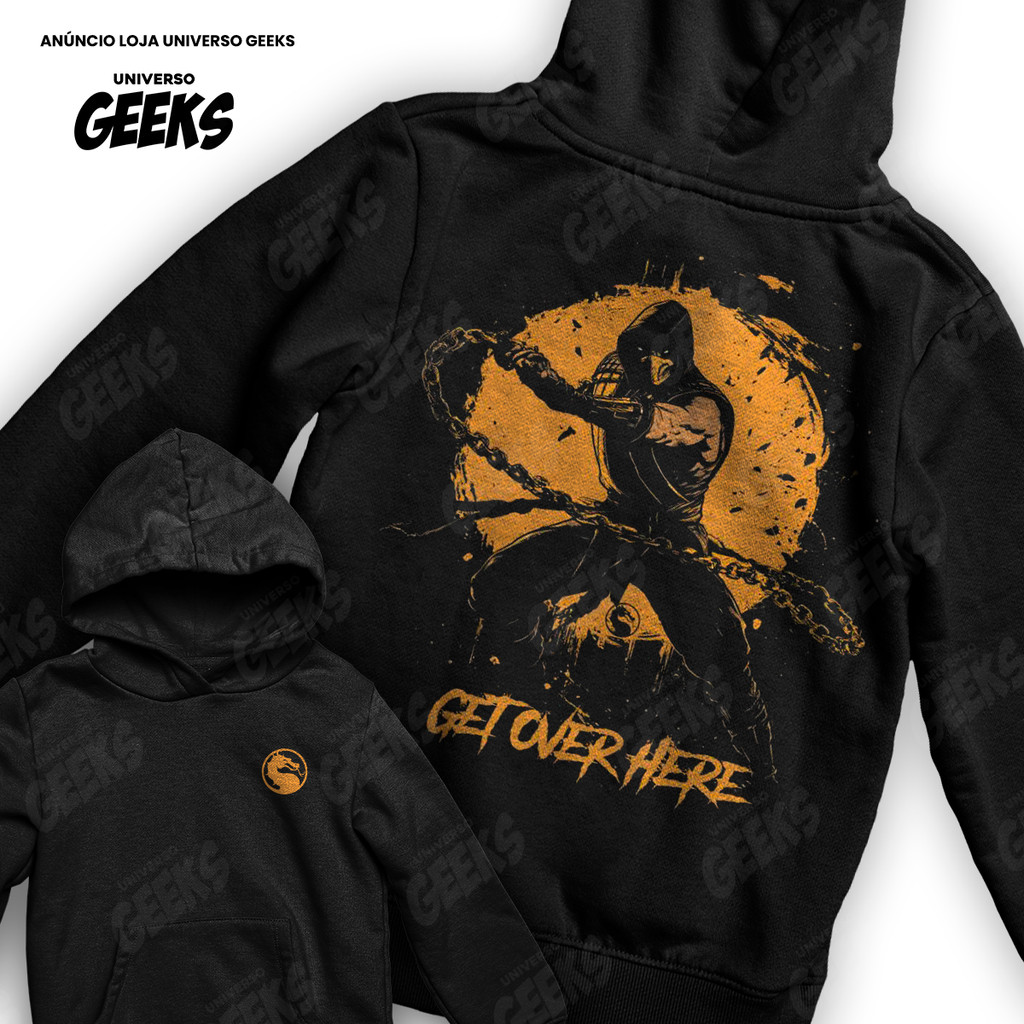 Moletom Mortal Kombat Scorpion Get Over Here Game Gamer Frente E Verso Blusa De Frio