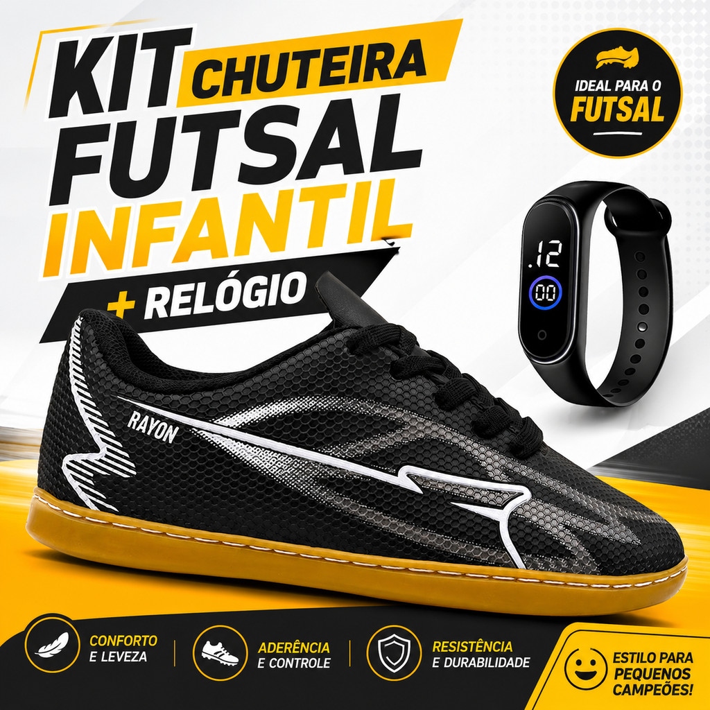 Kit Chuteira Infantil Futsal Meninos Quadra Futebol de Salão + Relógio