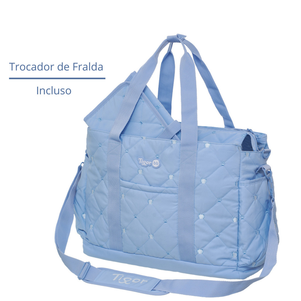 Bolsa Tote Mala Maternidade Grande Tigor T Tigre Azul Bebê Menino Luxo Matelassê Premium Organizada