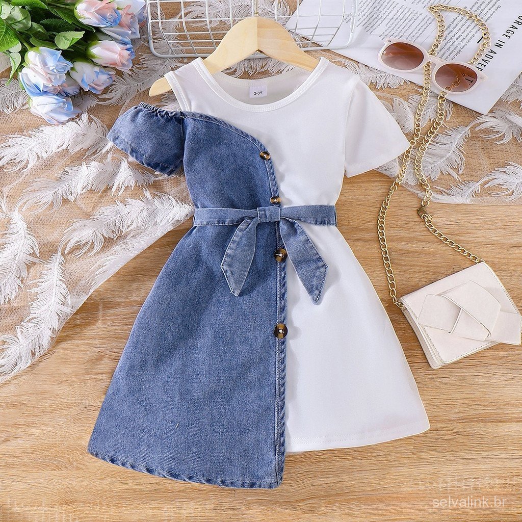 Vestido Irregular de Verão para Meninas de 2 a 7 Anos com Manga Curta em Jeans + Cinto Conjunto de Duas Peças