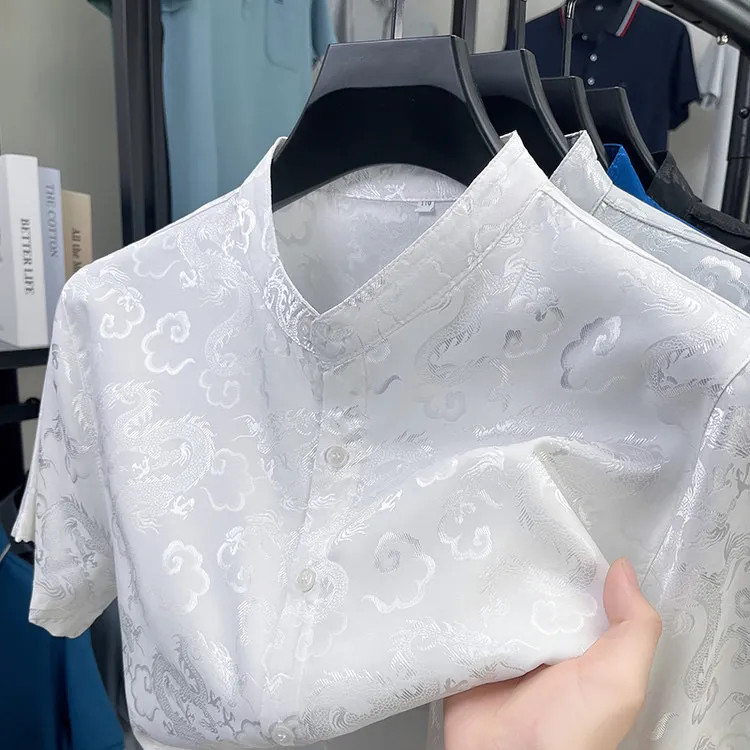Camisa Floral com gola alta, manga curta, masculina, verão, estilo fino, estampa de dragão, camisa Jacquard masculina