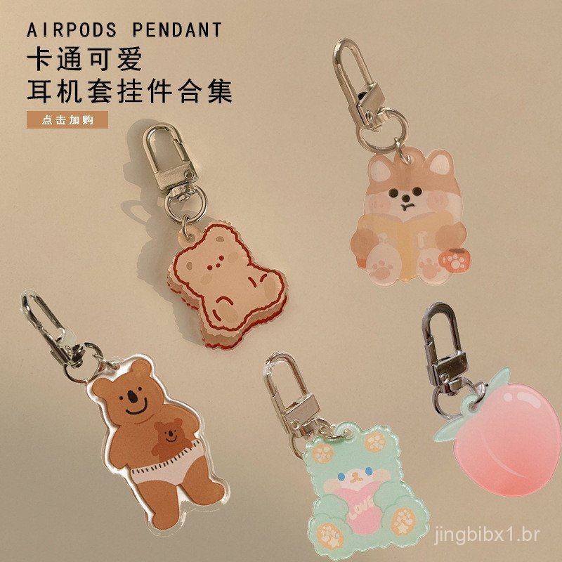 Chaveiro de urso, pingente de desenho animado fofo, adequado para capa de fone de ouvido AirPods, corrente de acrílico r